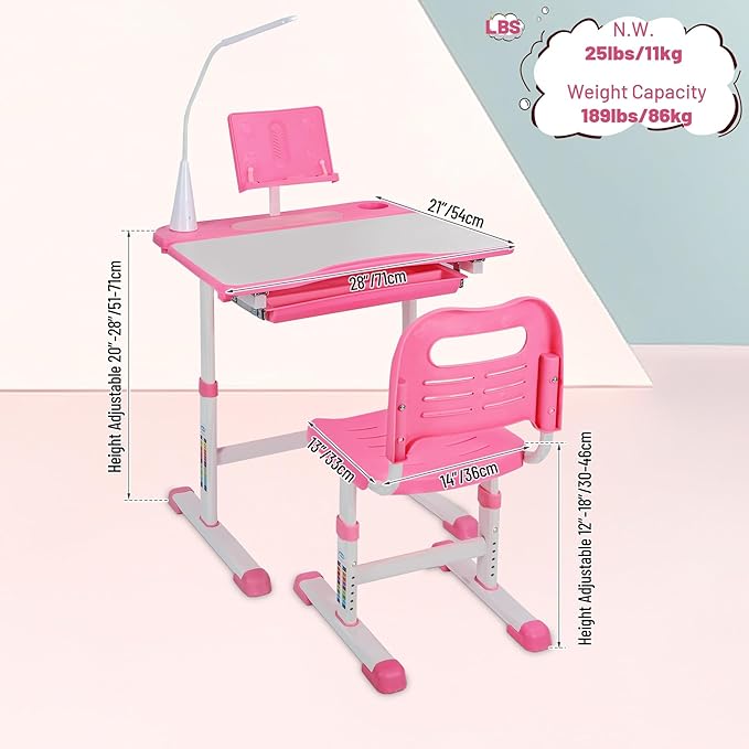 Kids Desk and Chair Set,Height Adjustable Child's Study Table with Tilt Desktop,LED Light,Cup Holder,Bookstand and Storage Drawer,Pink