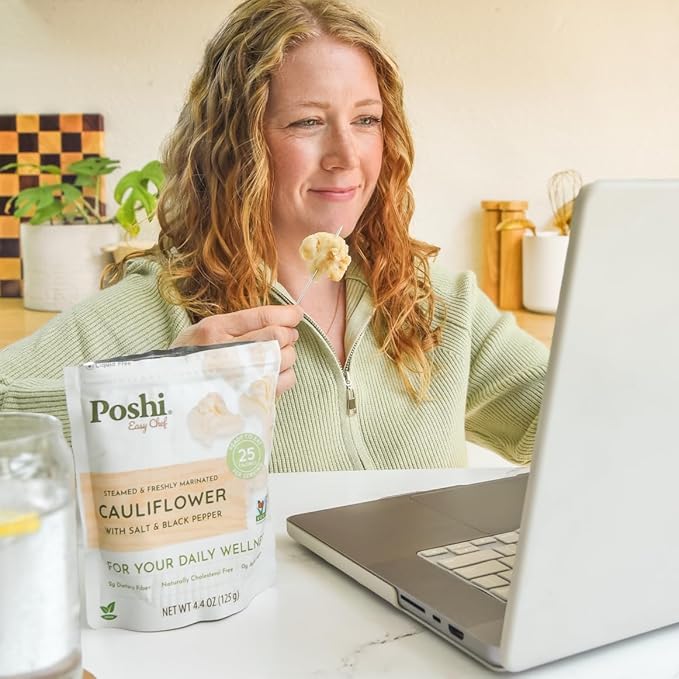 POSHI Marinated Cauliflower Florets with Salt + Black Pepper Natural, Keto, Vegan, Non GMO, Low Carb + Calorie, Gluten Free Ready to Eat Fully Cooked Vegetables, Pentry Food, Gourmet, 6 Pack, 4.4 oz