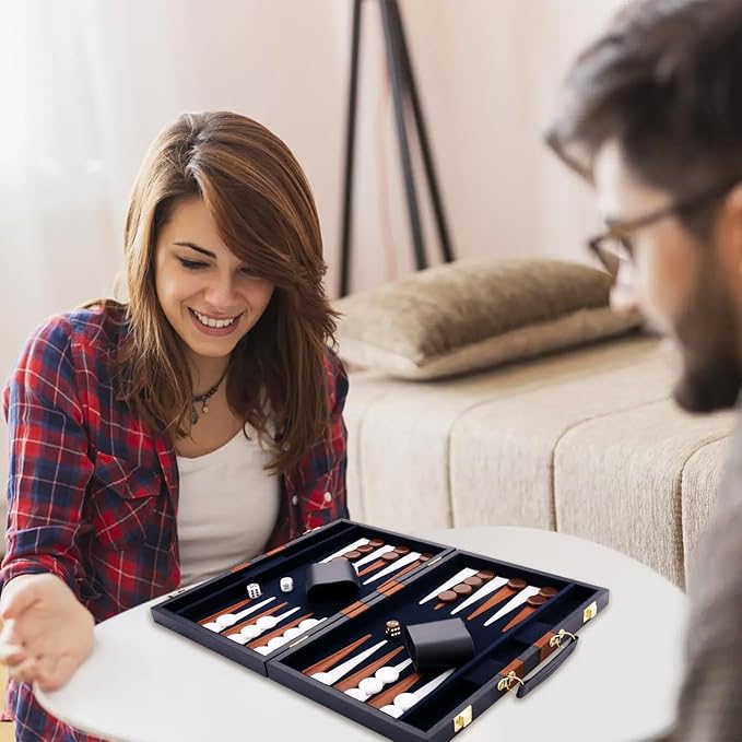 Backgammon Set - Classic Board Game with Premium Leather Case - Portable Travel Strategy Backgammon Game Set for Adults, Kids - Suitable as (18inch, Navy)