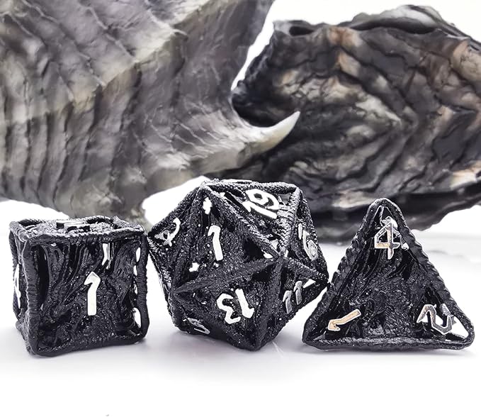 HAOMEJA Dice Hollow DND Dragon Metal Dice Set 7 Role Playing Dice D&D Dungeons and Dragons Dice (Black)