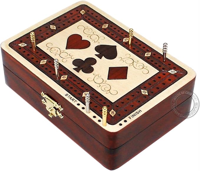 2 Track - Wooden Cribbage Board/Box - Inlaid in Maple Wood/Bloodwood - Storage for Pegs & One Deck of Cards - 60 Points - Non Continuous (Maple Wood/Bloodwood)
