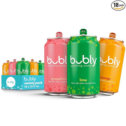 bubly Sparkling Water, Tropical Thrill 3 Flavor Variety Pack (Lime, Grapefruit, Mango), Zero Sugar & Zero Calories, Seltzer Water, 12 Fl Oz Cans (Pack of 18)