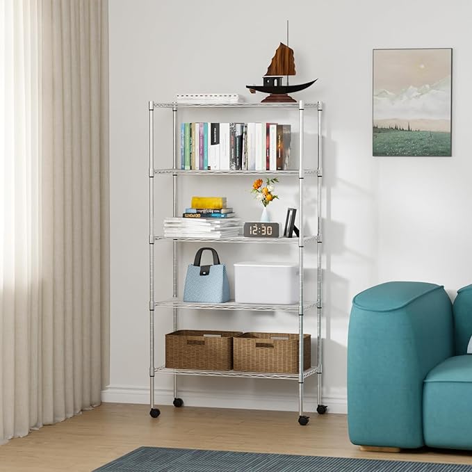 FDW Adjustable Storage Shelves 5-Tier Wire Shelving Unit Heavy Duty Metal Shelves with Wheels 14”Dx30”Wx61”H Storage Shelf Rack for Home Kitchen Commercial, Chrome