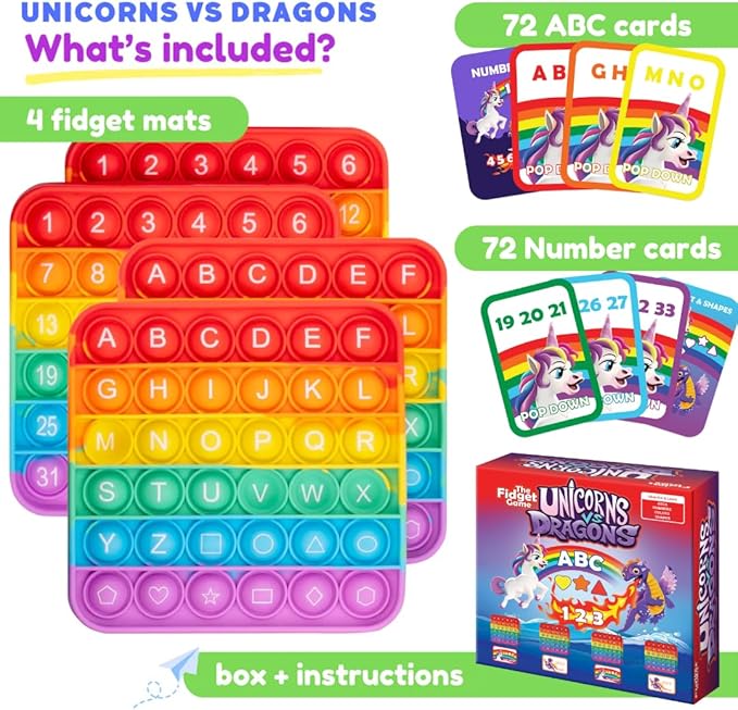 THE FIDGET GAME Unicorns vs Dragons, Fun Educational ABC Toys to Learn Alphabet, Numbers, Shapes & Colors, Interactive Learning Tools for Pre-K & Kindergarten