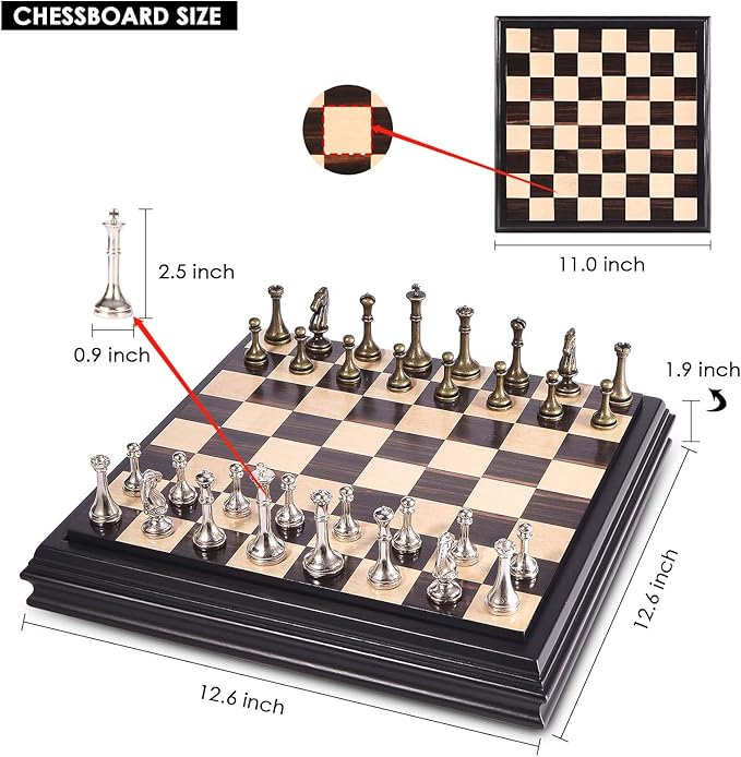 AMEROUS 12.5 inches Wooden Chess Set with Metal Chess Pieces,Classic Board Game w/ 2.5'' King/Storage for Chessmen/Instructions, Chess Sets for Adults, Kids, Beginner