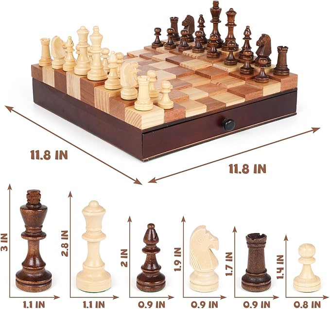 3D Wooden Chess Set with Storage Drawer – 12" Wooden Chess Board & Pieces, Travel Chess Set with Wooden Pieces, Classic Strategy Board Game for Adults Family for Beginners & Pros