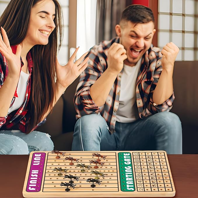 21 in Horse Race Board Game Racing Game Thickened Solid Wood with 11 Metal Horses, 2 Cards & 4 Dice, Horse Racing Game for 2-6 Players