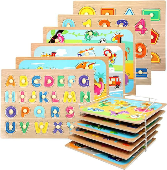 WOOD CITY Toddler Puzzles and Rack Set, Wooden Peg Puzzles Bundle with Storage Holder Rack, Educational Knob Puzzle for Kids Age 2 3 4 Years - Alphabet Number Shape Dinosaur Animal Vehicle