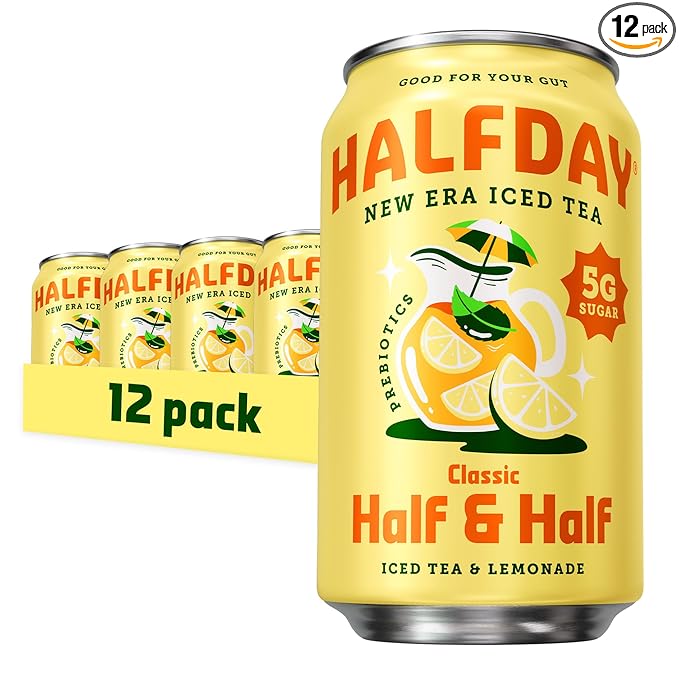 HALFDAY Prebiotic Half & Half Iced Tea Cans, Supports Digestive & Gut Health, 6g Plant Fiber & Prebiotics, Low Sugar, 40 Calories, Real Brewed Tea, Natural Caffeine, Gluten Free, 12 fl oz (12 pack)