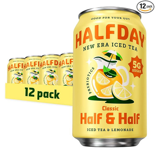 HALFDAY Prebiotic Half & Half Iced Tea Cans, Supports Digestive & Gut Health, 6g Plant Fiber & Prebiotics, Low Sugar, 40 Calories, Real Brewed Tea, Natural Caffeine, Gluten Free, 12 fl oz (12 pack)