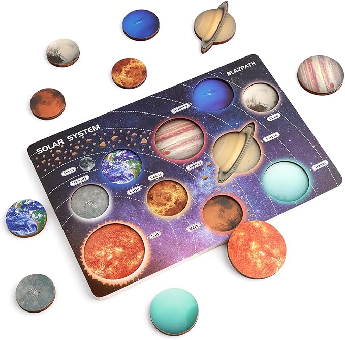 Solar System Wooden Puzzle Toy Model for Kid 3-5, Toddler Montessori Movable Planet Name Board Game, Outer Space Themed Imaginary Sensory Play Gift, Preschool Science Stem Learning Activity