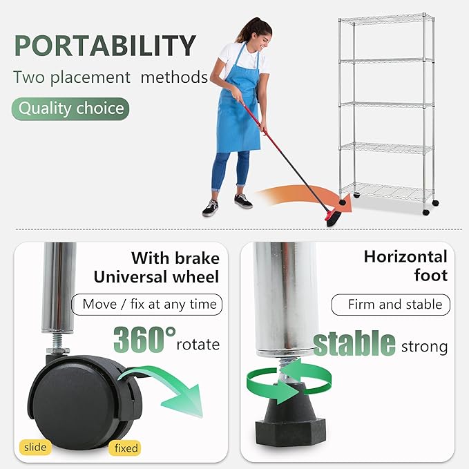 BestOffice 14Dx30Wx60H 5-Tier Wire Shelving Unit Steel Large Metal Shelf Organizer Garage Storage Heavy Duty NSF Height Adjustable Commercial Utility Storage Metal Rack on Wheels,Chrome