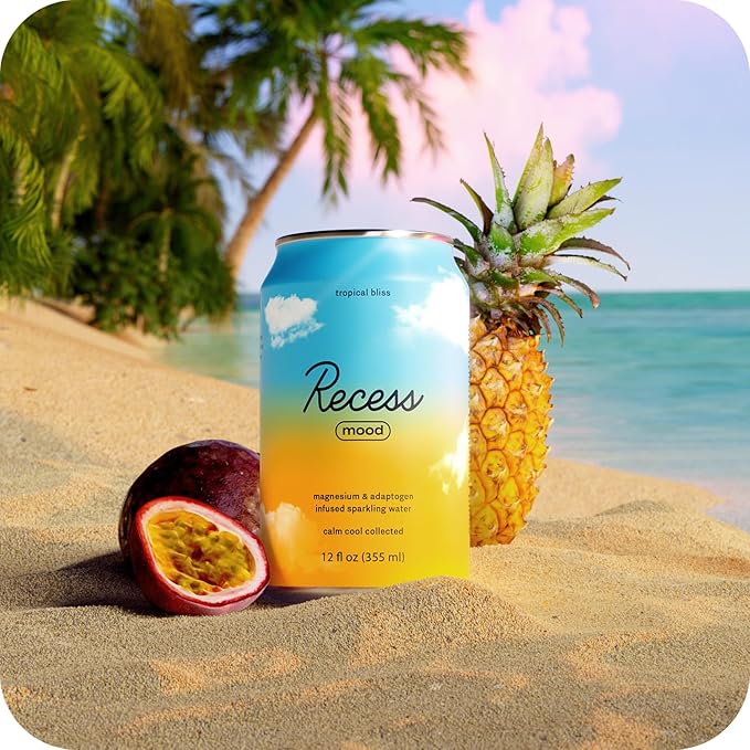 Recess Mood Magnesium & Adaptogen Drink, Relaxation Beverage, 12 Ounce (Tropical Bliss, 12 Pack)