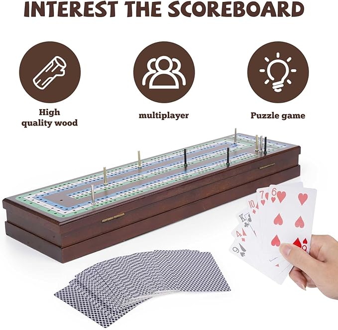 Wooden Cribbage Board Game Set, Premium Wooden Board with Magnetic Lock and Metal Pegs, Strategy Card Game Cribbage - Travel Portable Cribbage Game Sets for Family