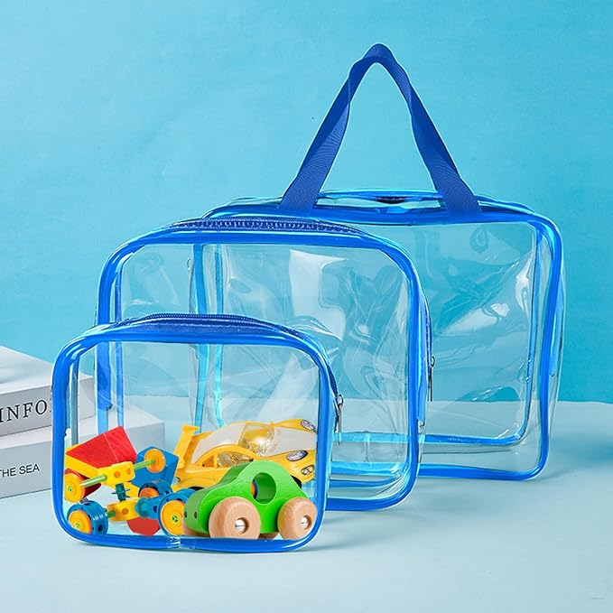 9 Packs Clear PVC Toy Storage Bags Toiletry Bags Waterproof Kids Zippered Toy Organizing Bags for Building Blocks Puzzle Stationery Blue