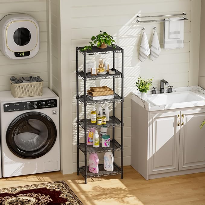 6 Tier Adjustable Storage Shelves Narrow Mesh Gaps Metal Utility Shelf Wire Shelving Unit Organizer Rack for Home Kitchen Office Bathroom Pantry Room10 D x 16" W x 60" H Black