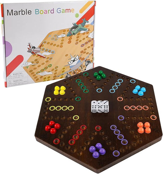 Wahoo Marble Board Game Thicken Wood 4 and 6 Players Fast Track Board Game 2 Sided Painted Perfect Game for Family Friends Party (Rustic Brown)
