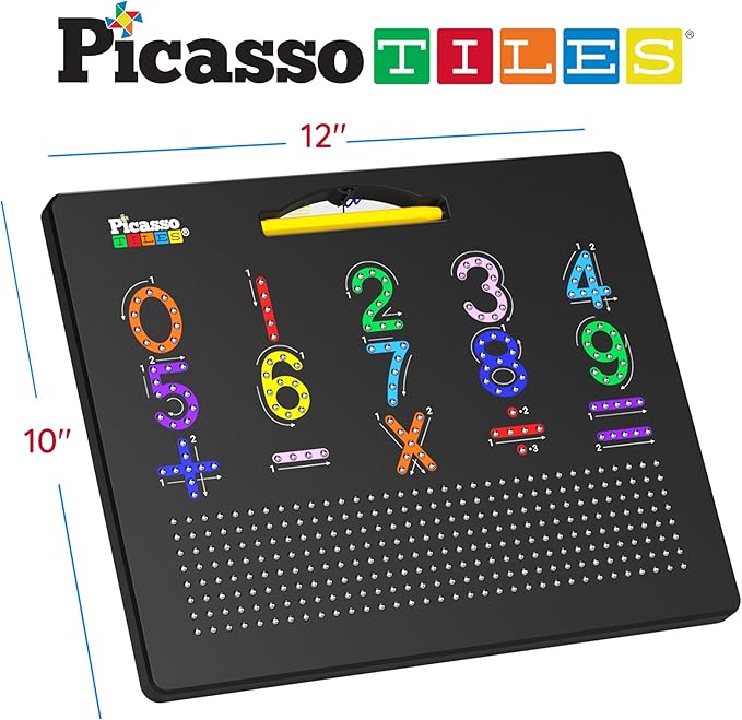 PicassoTiles 2-in-1 Magnetic Drawing Board Toy 12x10 inch Large Magnet Bead Tablet Pad with 2 Facings Alphabet+ Math STEM Free Style Educational Erasable Learning Writing Playboard in Black PTB02