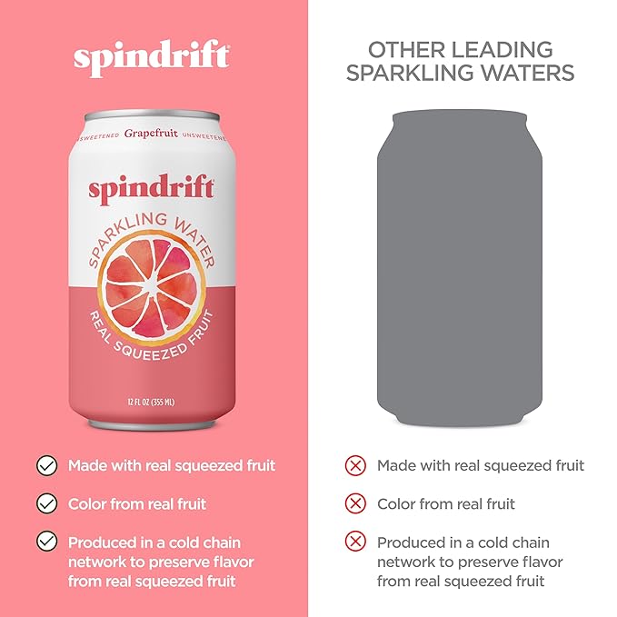 Spindrift Sparkling Water, Grapefruit Flavored, Made with Real Squeezed Fruit, (Only 15 Calories per Can), 12 Fl Oz (Pack of 24)