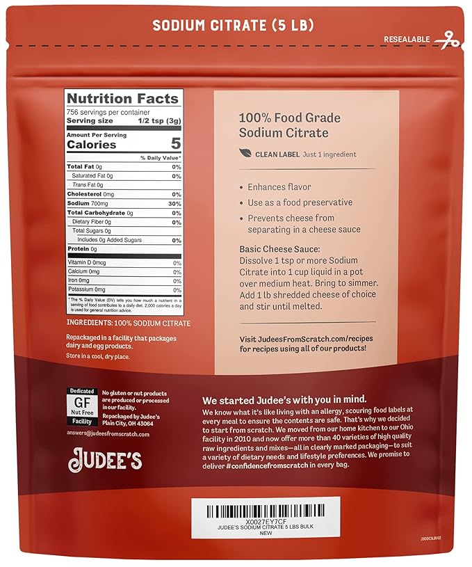 Judee's Gluten Free Bulk Sodium Citrate 45 lb (5lb Pack of 9) - 100% Non-GMO, Keto-Friendly - Gluten-Free & Nut-Free - Food Grade - Great for Molecular Gastronomy Cooking - Emulsifier for Cheese Sauce