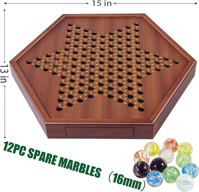 VAMSLOVE Chinese Checkers 15" Large Upgraded Version Wooden Game Board, 16mm 60+12 Colorful Glass Marbles, Easy Grasping for Adults and Kids, w/Storage Drawer, Fun for Family Gathering