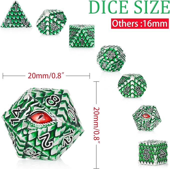 Metal Dice Set D&D,7 PCS Dragon Scale Metallic DND Dice Set,Dragon Eye Metal Dice with Gift Metal Box for Dungeons and Dragon Tabletop Game (Green Dragon Scale & Red Eye)