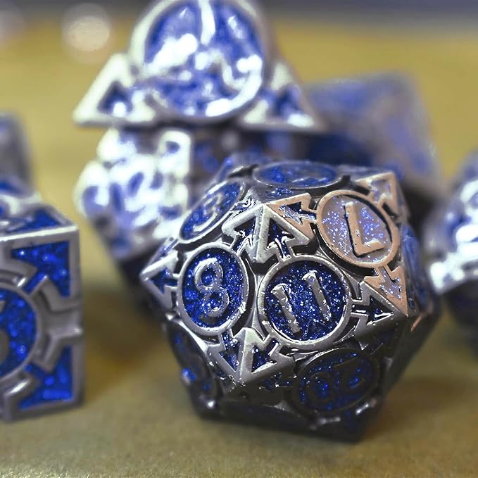RULE DICE D&D Metal Dice Set, 7 die Metal DND Polyhedral Dice Sets with Gift Metal D and D Dice Box, for Dungeons and Dragons Dice Set and Other Role Playing TMG Games(Sapphire Blue)