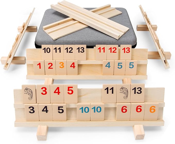 Rummy Cube Game 2-6 Players with 6 Wooden Racks/Trays and 162 Wood Rummy Cards, Bright and Large Number Edition Rummy Tiles and Portable Case, Classic Rummy Set for Adults and Family
