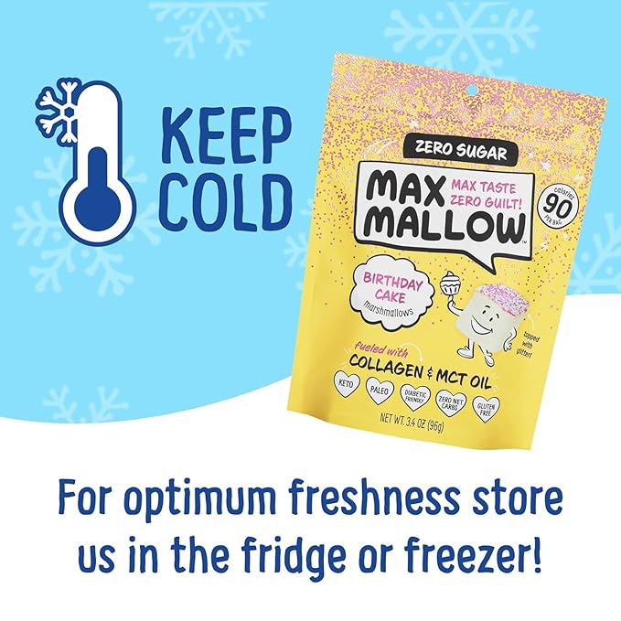 Max Mallow Sugar Free Marshmallows - Keto Friendly, Perfect for S'mores, Hot Chocolate, and Baking with Zero Sugar Snacks, Smores Mct Oil Zero Sugar Marshmellow Marshmallow Birthday Cake, 2 Pack
