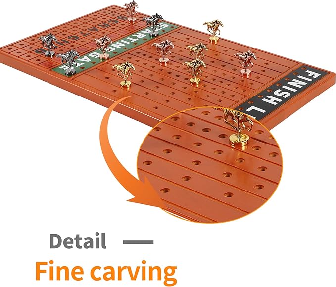 Large 21 inches Horse Racing Board Game Thickened Solid Wood with 11 Luxurious Durable Classic Metal Horses Including Dice and Cards Finish LINE Race Game Board (Large, Yellow)