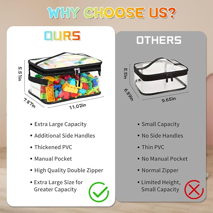 8 Pack Extra Large Clear Toy Storage Bags, Large Capacity Transparent Waterproof PVC Toy Organizing Bags with Name Tag and Manual Pocket for Building Blocks Board Games, Puzzle, Kids Books (Black)