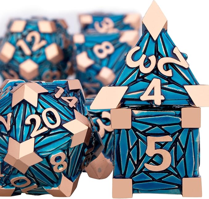 7PCS Metal DND Dice Set with Box, Debris RPG Copper Blue D and D Dice for use with D&D Tabletop Games Role Playing Game Polyhedral Dice Set D20 D12 D10 D8 D6 D4