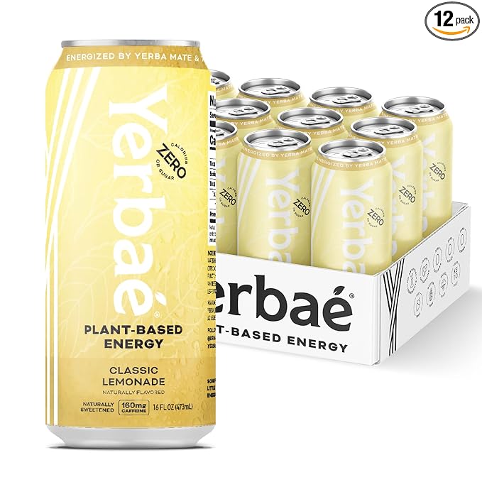 Yerbae Energy Beverage - Classic Lemonade, 0 Sugar, 0 Calories, 0 Carbs, Energized by Yerba Mate, Plant-Based, Healthy Alternative to Sugary Drinks, 16oz cans (12 Pack)