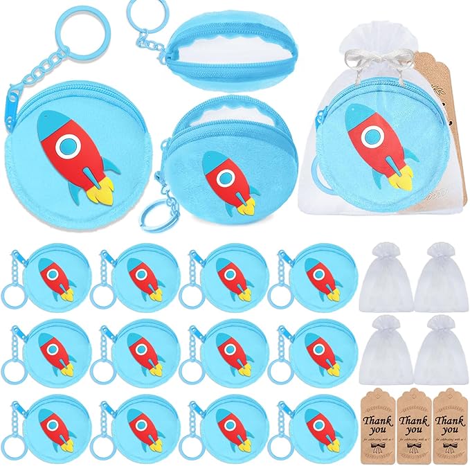 36 Pack Rocket Change Purses Set Include 12 Wallets with Keyring,12 Thank YouTags and 12 Organza Bag for Outer Space Science Fiction Themed Party, Kids Baby Shower Birthday Decor, Blue