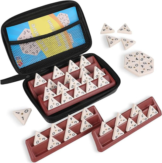 Triangle Domino Game Set with 56 Triangular Domino Tiles & Brass Spinners | Includes 4 Plastic Racks + Travel Case + Friendly Instruction | Classic Family Strategy Board Game for Ages Kids & Adults