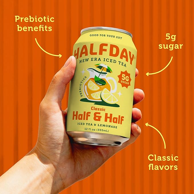 HALFDAY Prebiotic Half & Half Iced Tea Cans, Supports Digestive & Gut Health, 6g Plant Fiber & Prebiotics, Low Sugar, 40 Calories, Real Brewed Tea, Natural Caffeine, Gluten Free, 12 fl oz (12 pack)