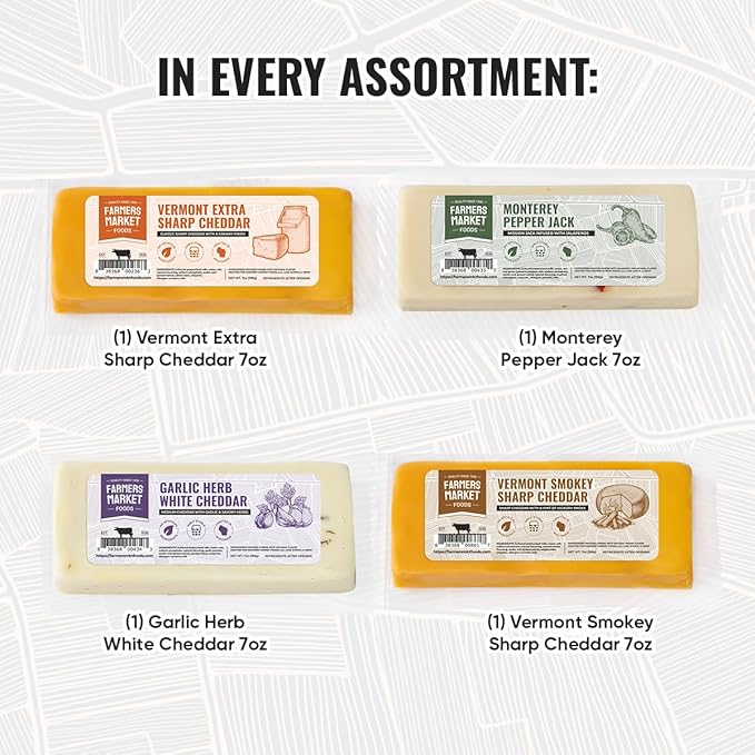 Farmers' Market Cheese Block Assortment 7oz 4-Pack, Shelf Stable, Pasteurized, Locally Sourced Wisconsin Cheese (Assortment, 4 Count)