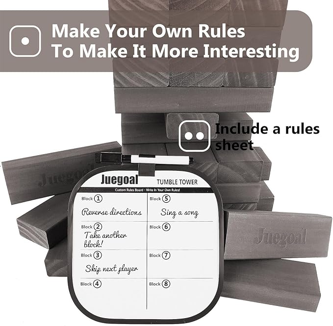 Juegoal 54 Piece Giant Tumble Tower Grey for Adult Kids Family, Wooden Block Stacking Game with Gameboard & Canvas Bag, Outdoor Games for Backyard Lawn Party Playing, 6.9 x 6.9 x 24 Inches,X-Large