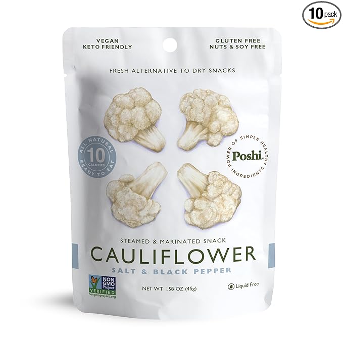 POSHI Marinated Cauliflower Florets Snack Pack | Salt + Pepper | Keto, Vegan, Paleo, Non GMO, Low Carb + Calorie, Gluten Free, Fully Cooked Vegetables, Gourmet, Healthy, All Natural (10 Pack, 1.58 oz)