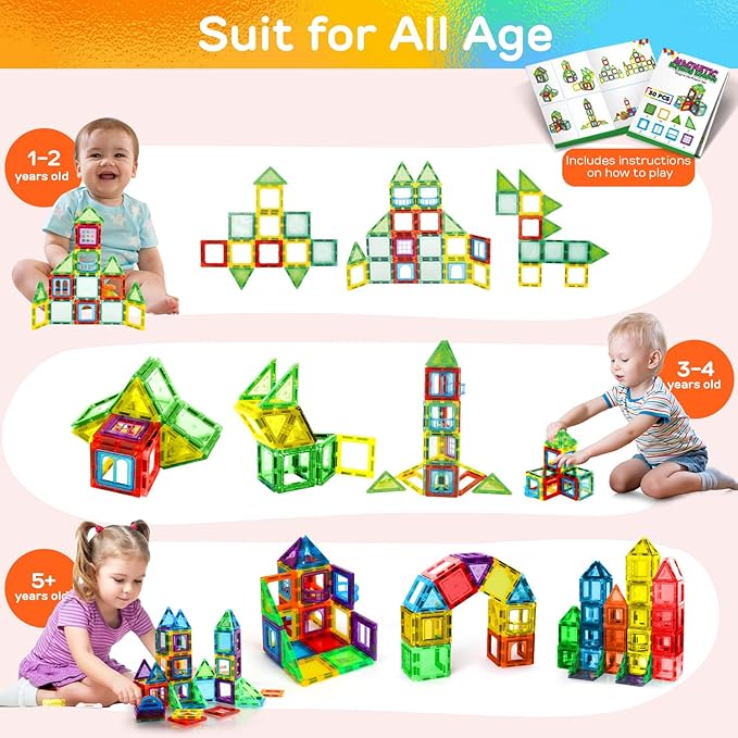 TOY Life Magnetic Tiles for Toddlers 3-5 62 Pcs Magnet Blocks for Kids Ages 4-8 STEM Tile Building Toys Birthday Gift for Boys and Girls