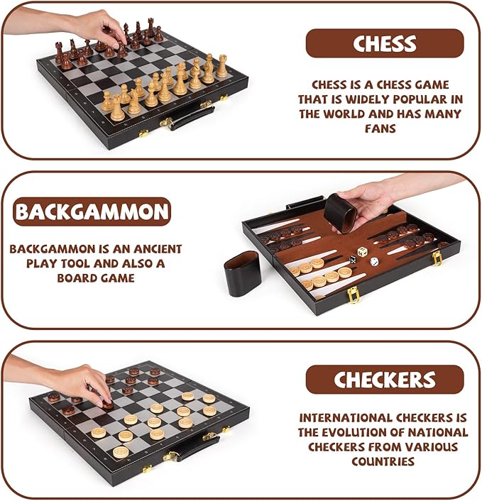 Chess Checkers Backgammon Set 3-in-1 Board Games Sets for Kids & Adults,15" Folding Magnetic Chess Set Leather Chess Board Strategy Game Portable Travel Chess Game with Magnetic Chess Pieces