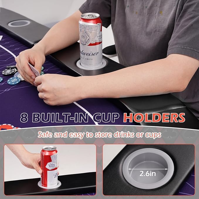 71" LED Poker Table - 8 Player Foldable Texas Hold'em Table with Built-in LED Lights, Padded Rails & 8 Cup Holders, Portable Casino Card Table for Home Game Room & Parties