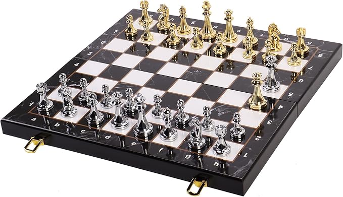 Metal Chess Set for Adults and Kids, 15''Large Marbling Chess Board with Storage –2 Extra Queens and 32 zinc Alloy Metal Pieces with a Sense of Weight,Folding Portable Travel Unique Chess Sets Game