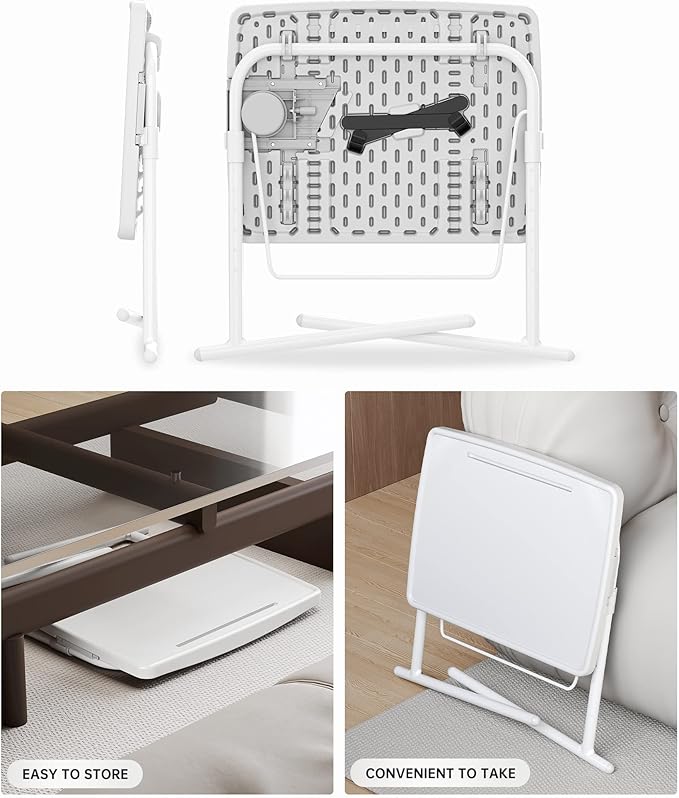 Allpop X TV Tray Table, TV Dinner Tray for Eating, Large Adjustable Folding Laptop Table with Book Stand, Cup Holder & Tablet Slot on Couch & Bed with 6 Heights & 3 Tilt Angles, White