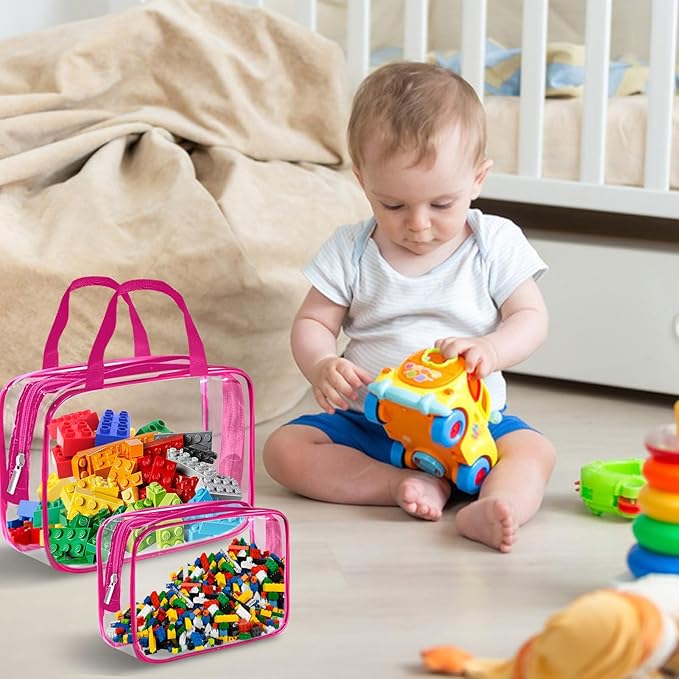 9 Packs Clear PVC Toy Storage Bags Toiletry Bags Waterproof Kids Zippered Toy Organizing Bags for Building Blocks Puzzle Stationery Rose