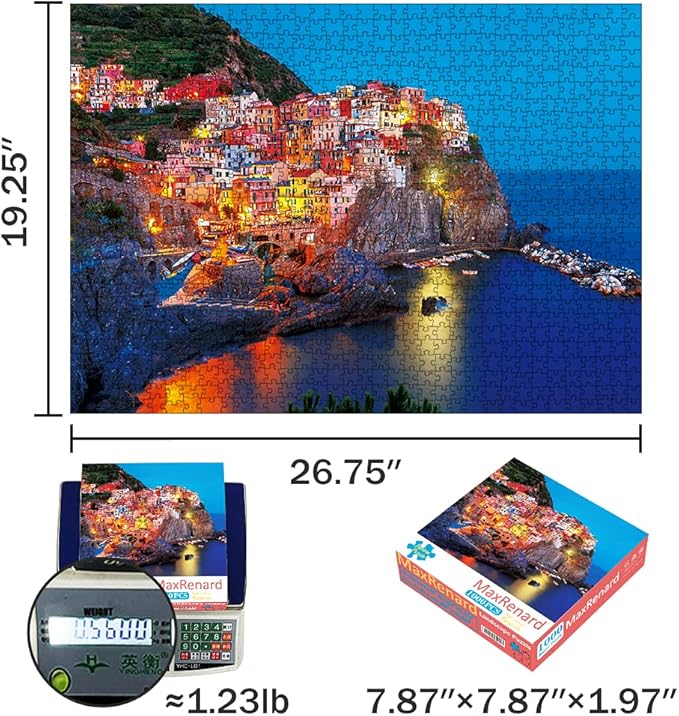 MaxRenard Coastal Landscape Jigsaw Puzzle 1000 Pieces for Adults Night View of Manarola Toy Home Wall Decoration Family Game Gift