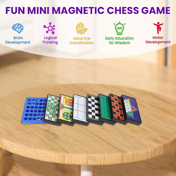 8-in-1 Mini Travel Board Games Set, Magnetic Checkers Game with Folding Magnet Board, 4 in a Row Game, 5.2'' Compact Design Ideal for Family/Road Trip/Travel/Camping Party, Included Storage Bag