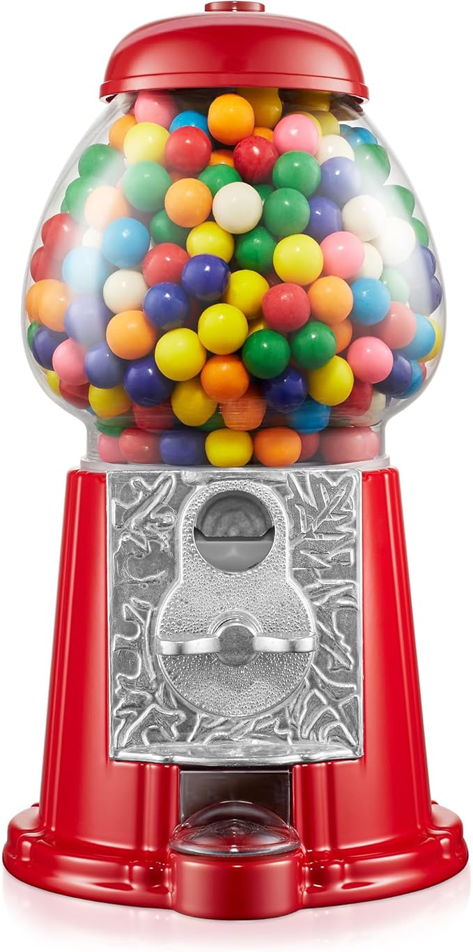 Olde Midway 12" Gumball Machine with Glass Globe and Metal Base - Red, Vintage-Style Bubble Gum Candy Dispenser