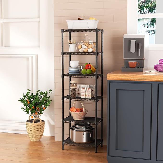 6 Tier Adjustable Storage Shelves Narrow Mesh Gaps Metal Utility Shelf Wire Shelving Unit Organizer Rack for Home Kitchen Office Bathroom Pantry Room10 D x 16" W x 60" H Black