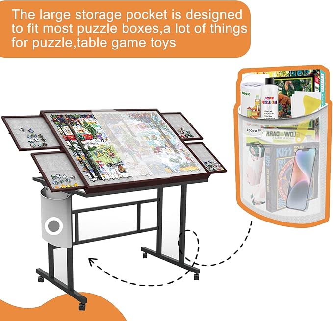 Jigsaw Puzzle Table 1500pcs with Legs and Storage Pocket,5 Adjustable Up Level Puzzle Tables for Adults with Drawers and Wheels,Board Game Table,Coffee Color